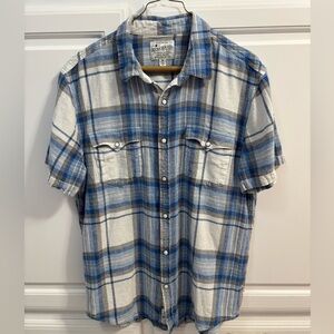 Lucky Brand Western Linen Blend Blue Plaid Snap Up Short Sleeve Men’s Size M